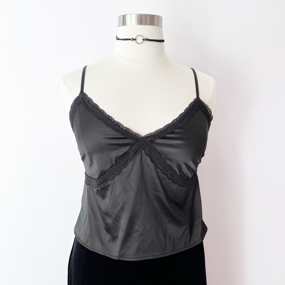 Colsie Black Satin Top with Lace Detail, Spaghetti Straps, Whimsigoth, Gothic